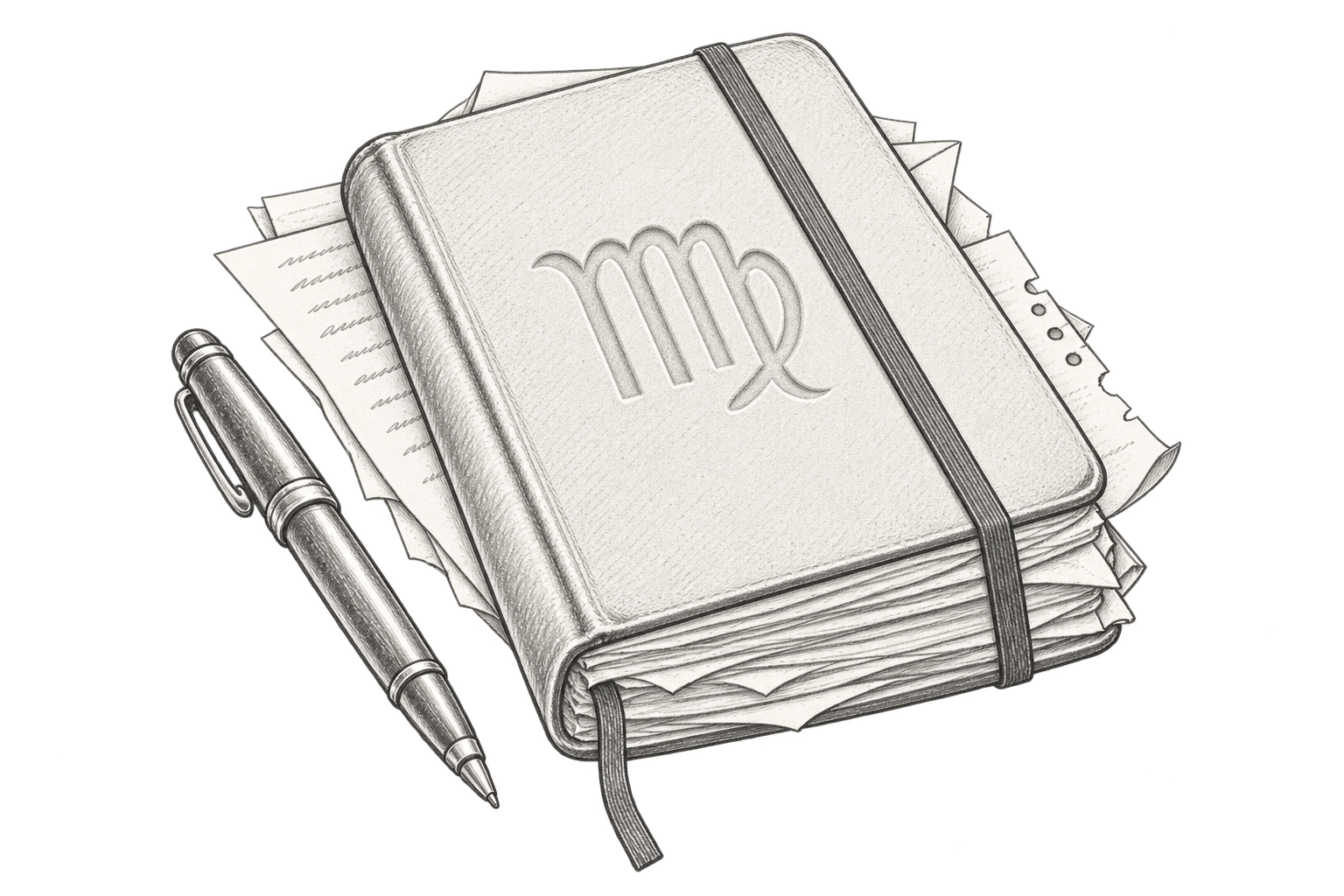 Pencil sketch of an overfilled notebook with an embossed Virgo symbol and a pen